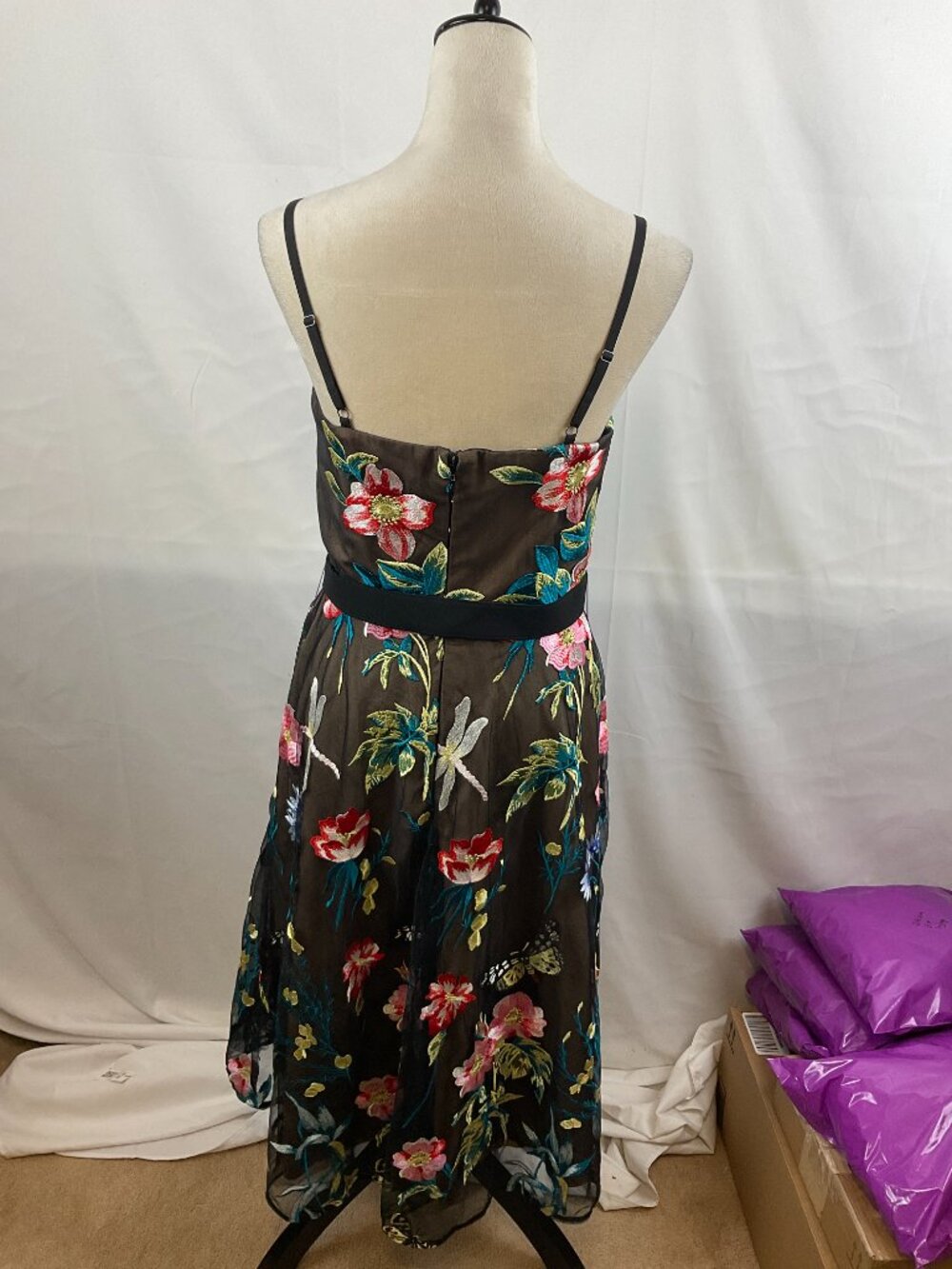 Dress the Population Dress M Black Beige Pink Green Blue Embroidered Overlay - Picture 7 of 11